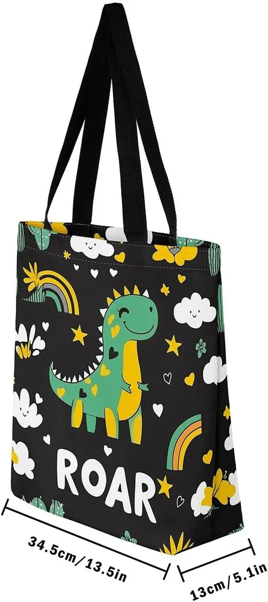 Castle Fairy Dinosaur Canvas Tote Bag for Women,Cartoon Dino Travel Bag,Animal Shoulder Handbags for Shopping Gym Yoga