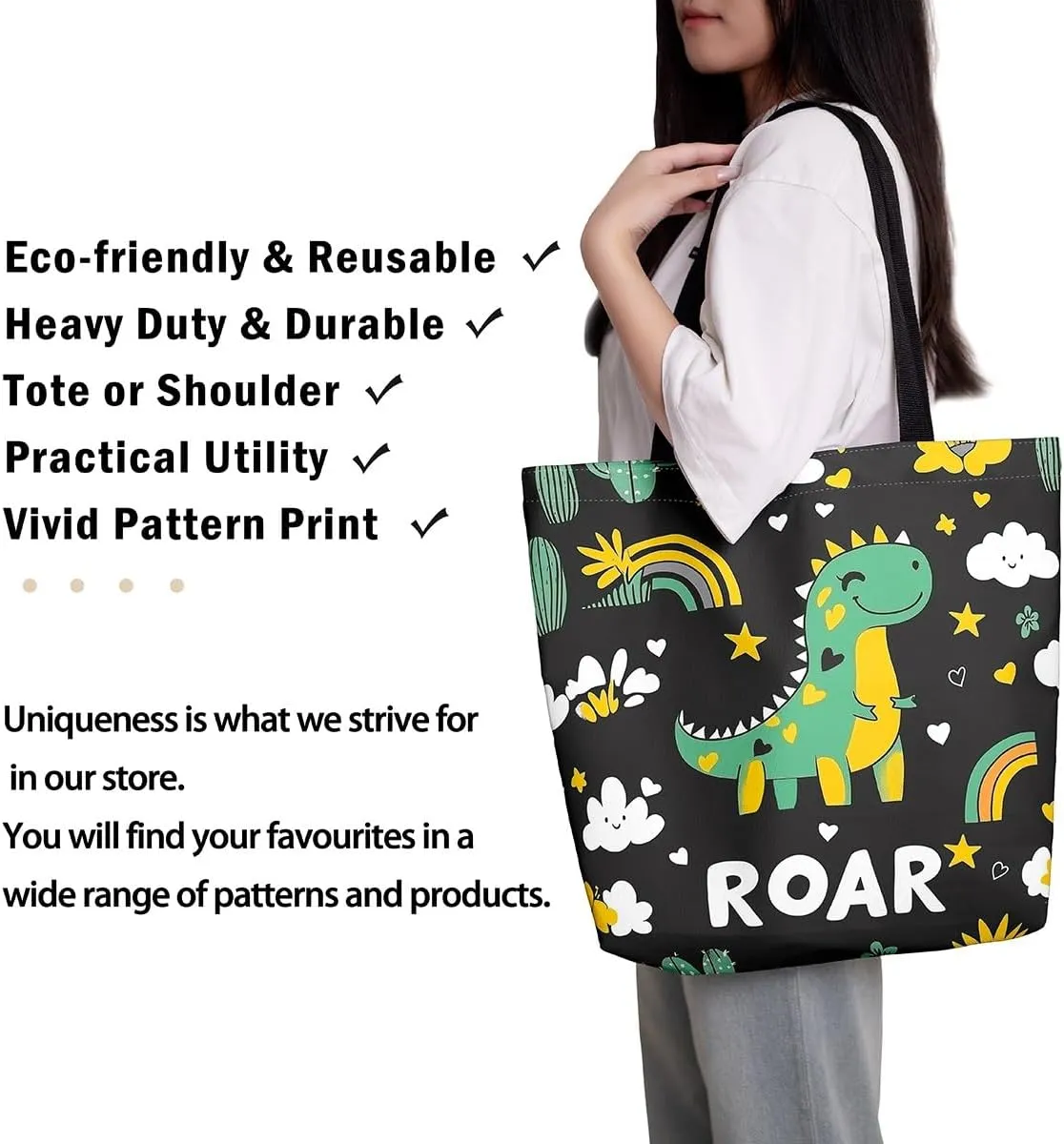 Castle Fairy Dinosaur Canvas Tote Bag for Women,Cartoon Dino Travel Bag,Animal Shoulder Handbags for Shopping Gym Yoga