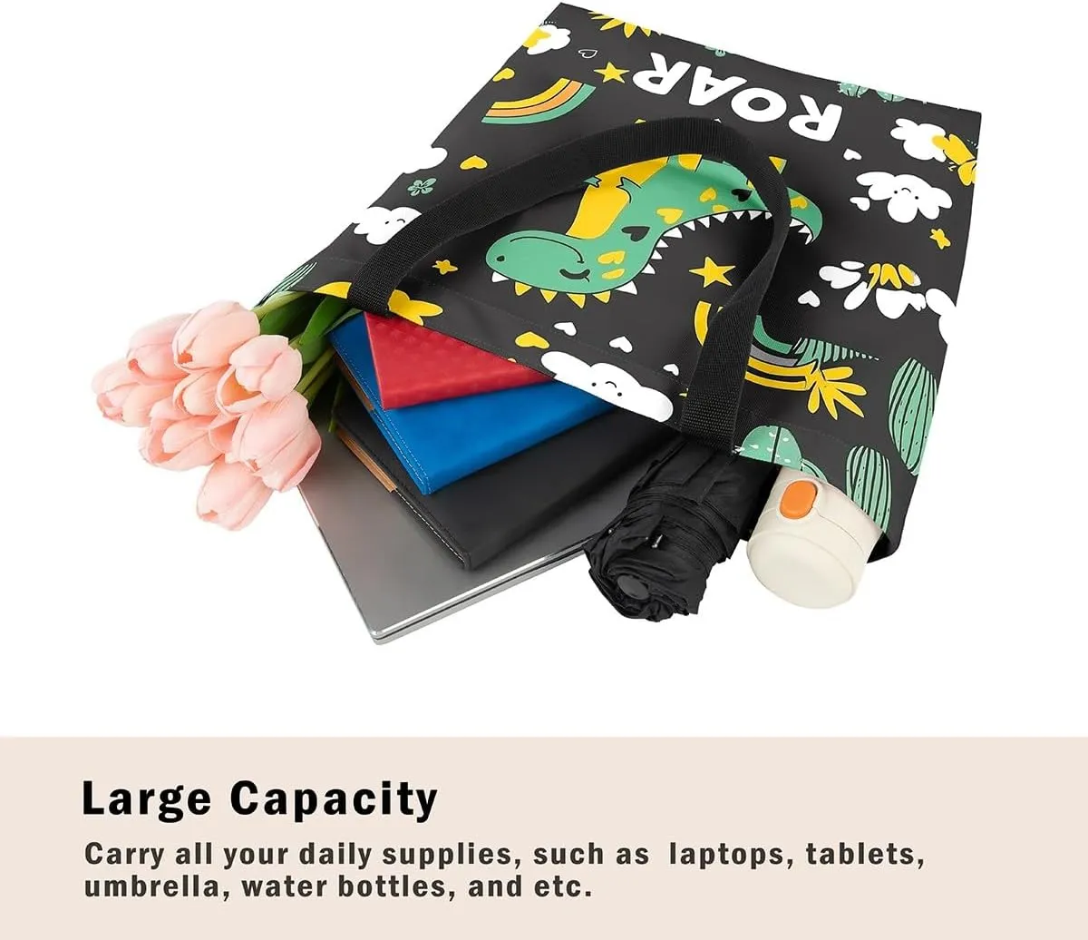 Castle Fairy Dinosaur Canvas Tote Bag for Women,Cartoon Dino Travel Bag,Animal Shoulder Handbags for Shopping Gym Yoga