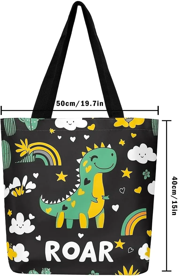 Castle Fairy Dinosaur Canvas Tote Bag for Women,Cartoon Dino Travel Bag,Animal Shoulder Handbags for Shopping Gym Yoga