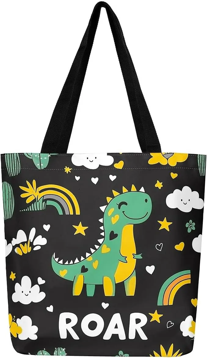 Castle Fairy Dinosaur Canvas Tote Bag for Women,Cartoon Dino Travel Bag,Animal Shoulder Handbags for Shopping Gym Yoga