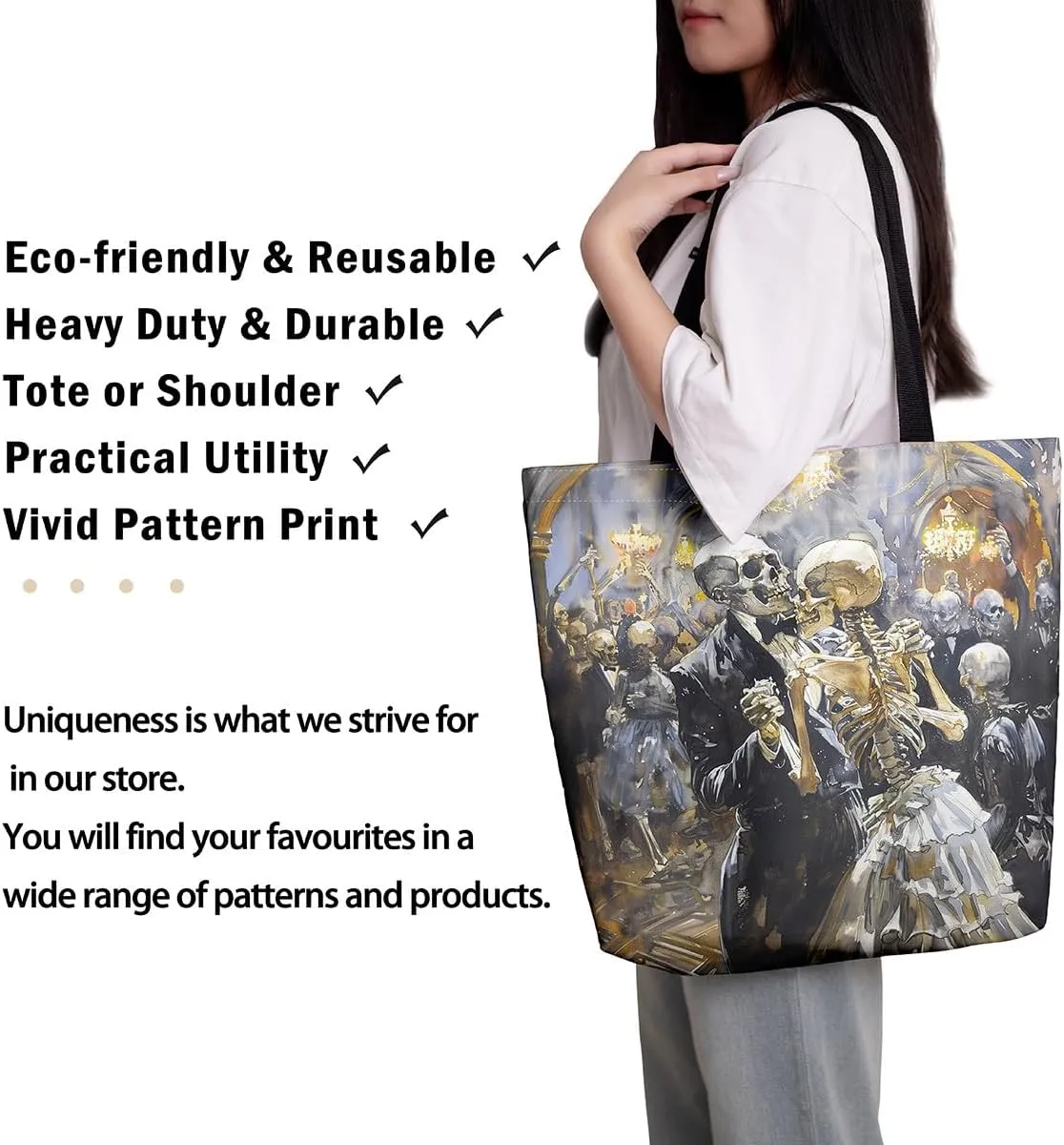 Castle Fairy Gothic Horror Skeleton Canvas Tote Bag,Halloween Travel Beach Bag,Abstract Ghost Large Capacity Gym Bag