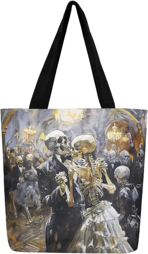 Castle Fairy Gothic Horror Skeleton Canvas Tote Bag,Halloween Travel Beach Bag,Abstract Ghost Large Capacity Gym Bag