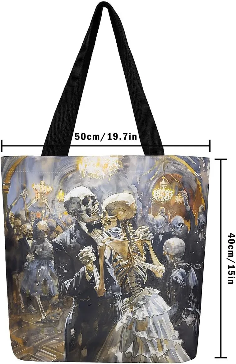 Castle Fairy Gothic Horror Skeleton Canvas Tote Bag,Halloween Travel Beach Bag,Abstract Ghost Large Capacity Gym Bag