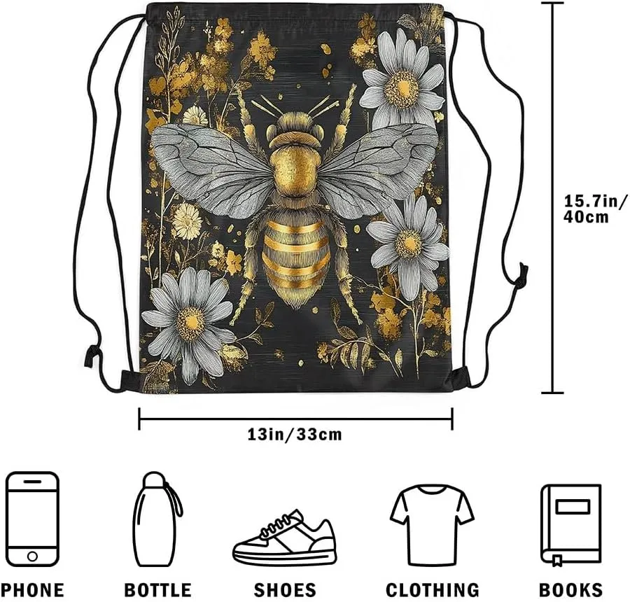 Castle Fairy Honey Bee Drawstring Backpack Watercolor Flowers Sackpack for Beach Swimming Pool Abstract Art Beehive Draw String Bags Waterproof Sports Gym