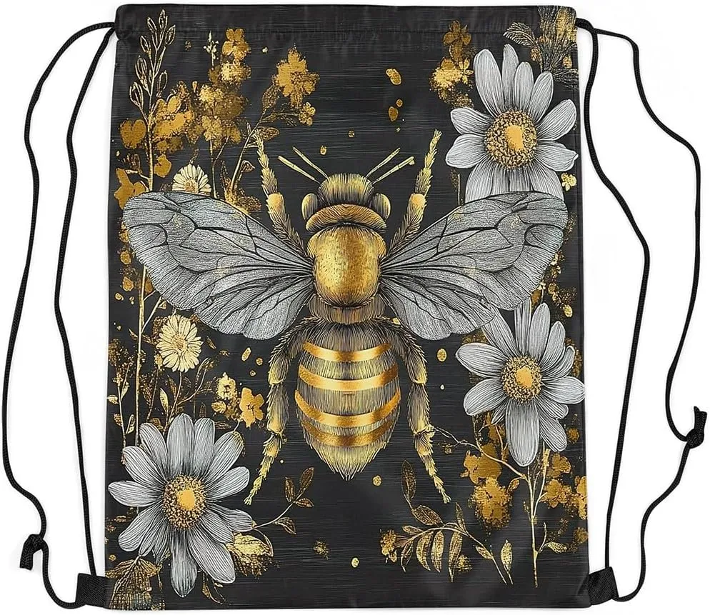 Castle Fairy Honey Bee Drawstring Backpack Watercolor Flowers Sackpack for Beach Swimming Pool Abstract Art Beehive Draw String Bags Waterproof Sports Gym