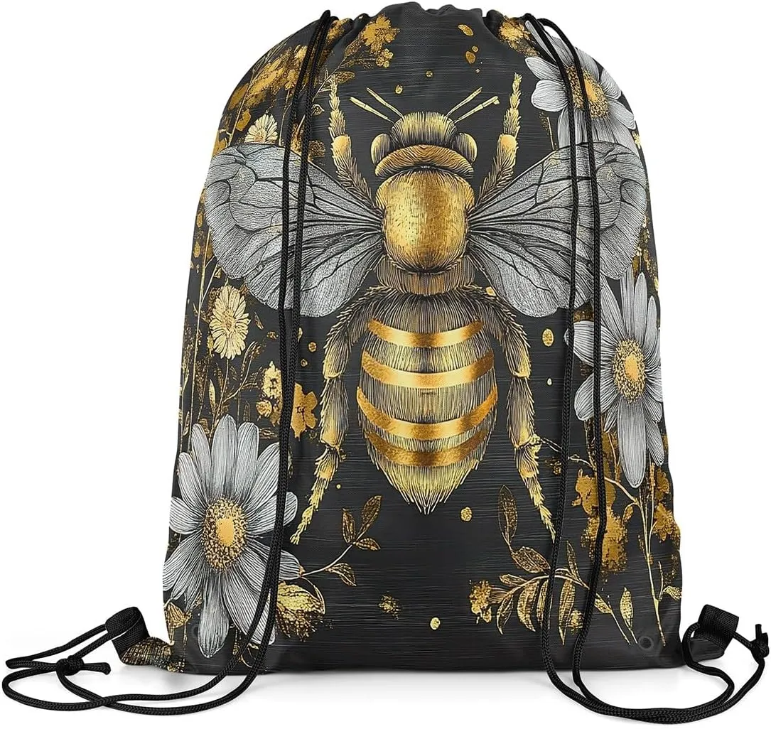 Castle Fairy Honey Bee Drawstring Backpack Watercolor Flowers Sackpack for Beach Swimming Pool Abstract Art Beehive Draw String Bags Waterproof Sports Gym