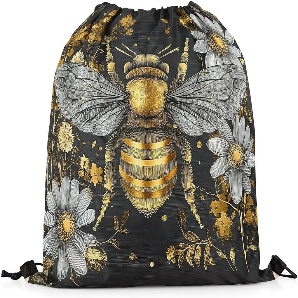 Castle Fairy Honey Bee Drawstring Backpack Watercolor Flowers Sackpack for Beach Swimming Pool Abstract Art Beehive Draw String Bags Waterproof Sports Gym