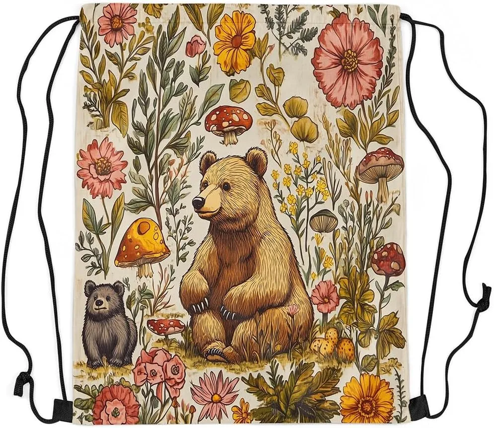 Castle Fairy Jungle Bear Drawstring Backpack Bags,Mushroom Flower Botanical Gym String Sackpack Bag,Hunt Theme Animal Waterproof Cinch Bag 13"x16"