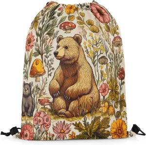 Castle Fairy Jungle Bear Drawstring Backpack Bags,Mushroom Flower Botanical Gym String Sackpack Bag,Hunt Theme Animal Waterproof Cinch Bag 13"x16"