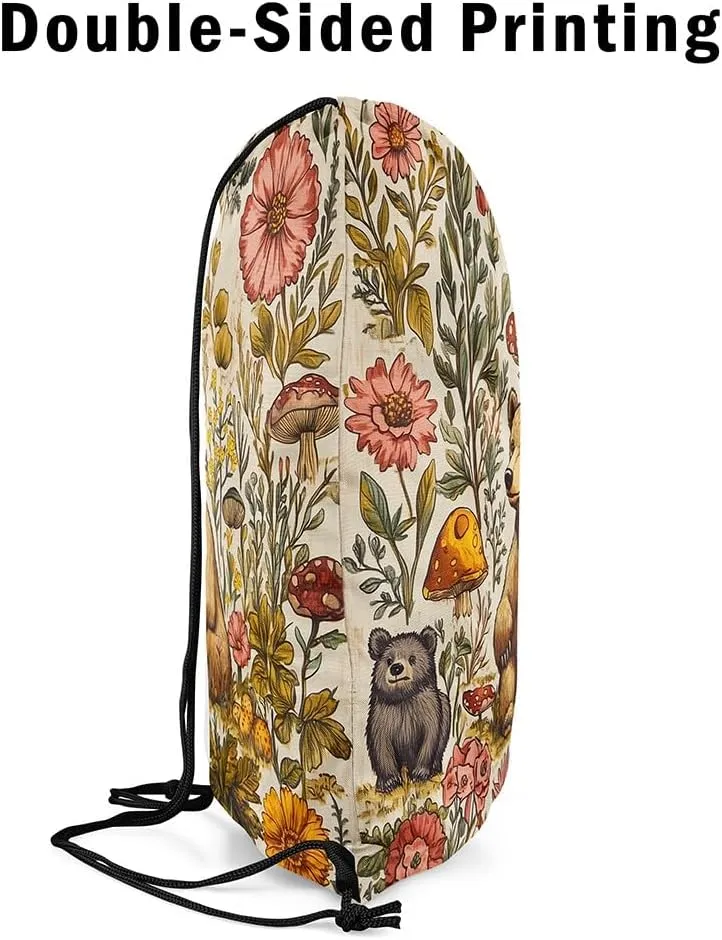 Castle Fairy Jungle Bear Drawstring Backpack Bags,Mushroom Flower Botanical Gym String Sackpack Bag,Hunt Theme Animal Waterproof Cinch Bag 13"x16"