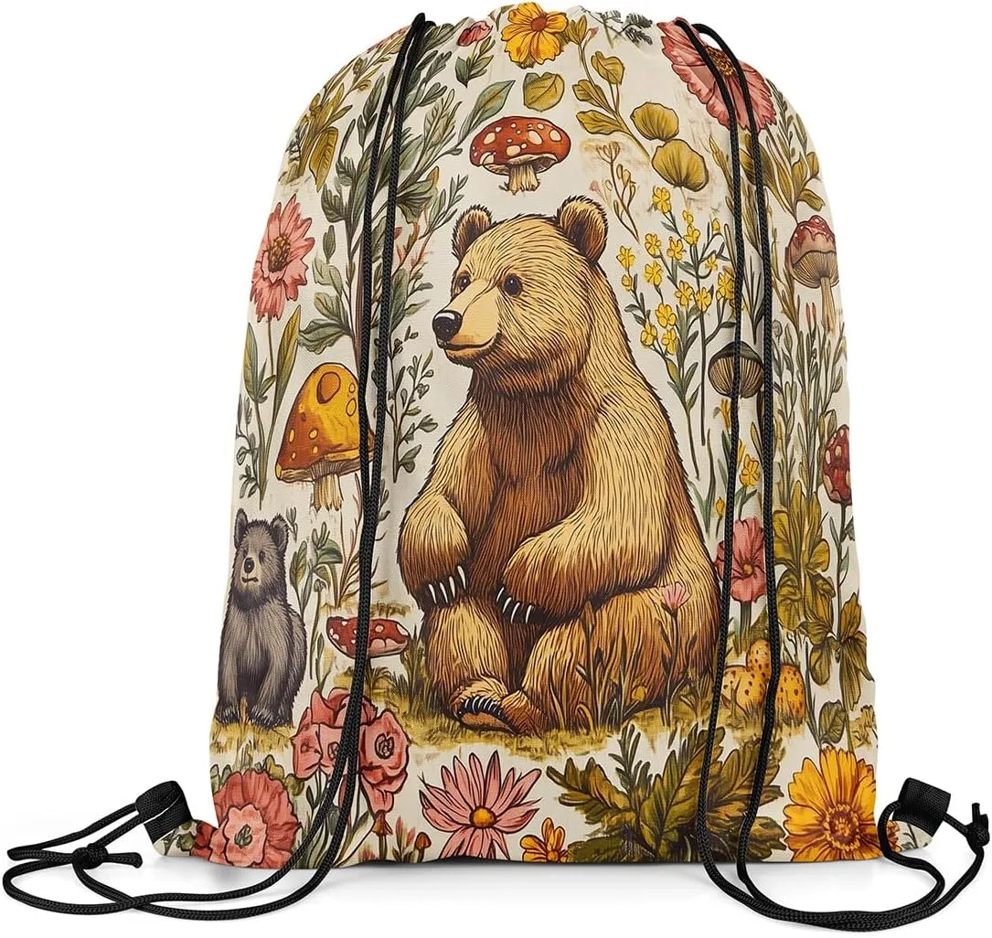 Castle Fairy Jungle Bear Drawstring Backpack Bags,Mushroom Flower Botanical Gym String Sackpack Bag,Hunt Theme Animal Waterproof Cinch Bag 13"x16"
