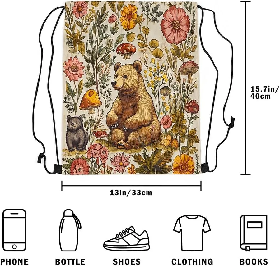 Castle Fairy Jungle Bear Drawstring Backpack Bags,Mushroom Flower Botanical Gym String Sackpack Bag,Hunt Theme Animal Waterproof Cinch Bag 13"x16"