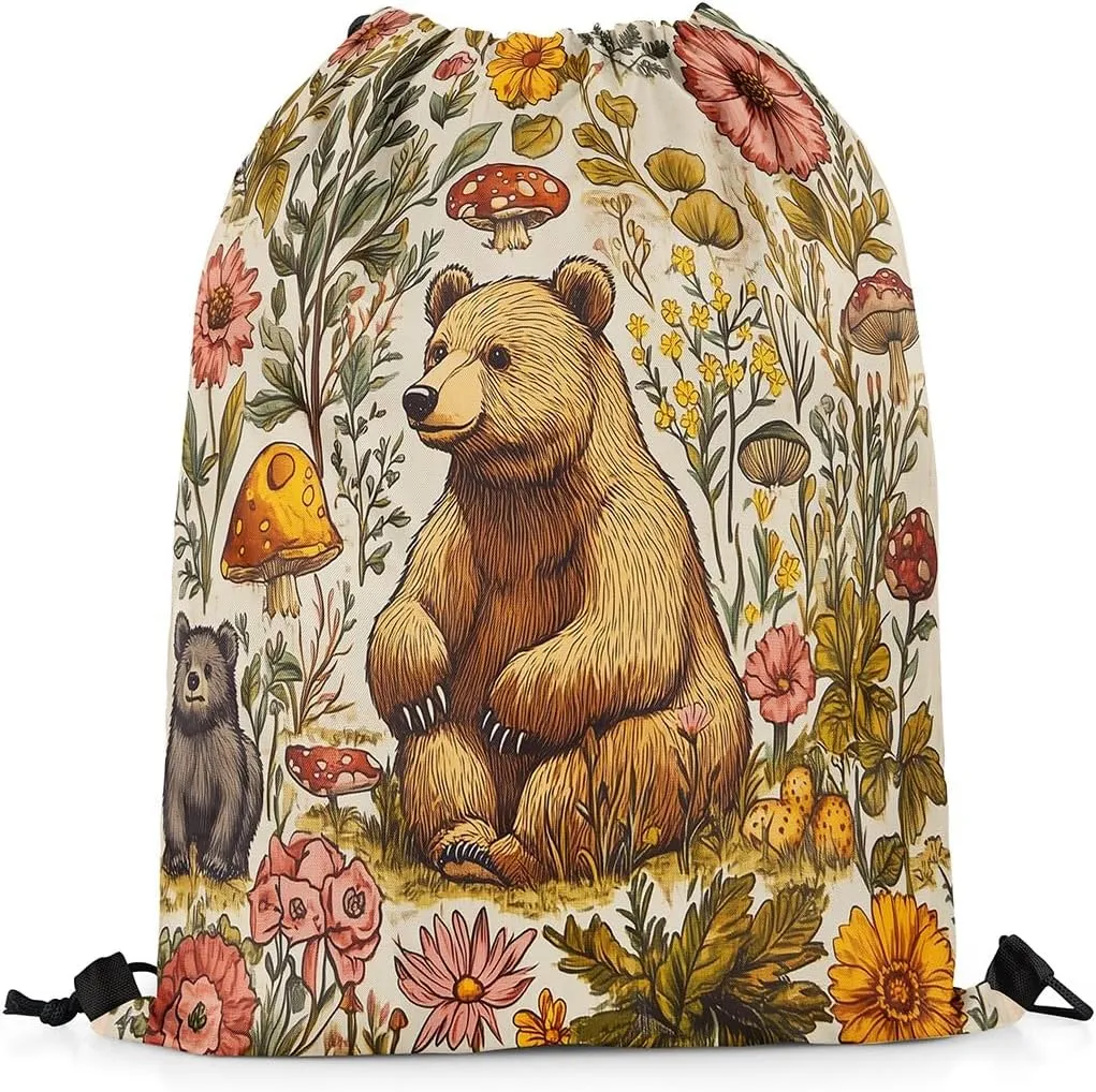 Castle Fairy Jungle Bear Drawstring Backpack Bags,Mushroom Flower Botanical Gym String Sackpack Bag,Hunt Theme Animal Waterproof Cinch Bag 13"x16"