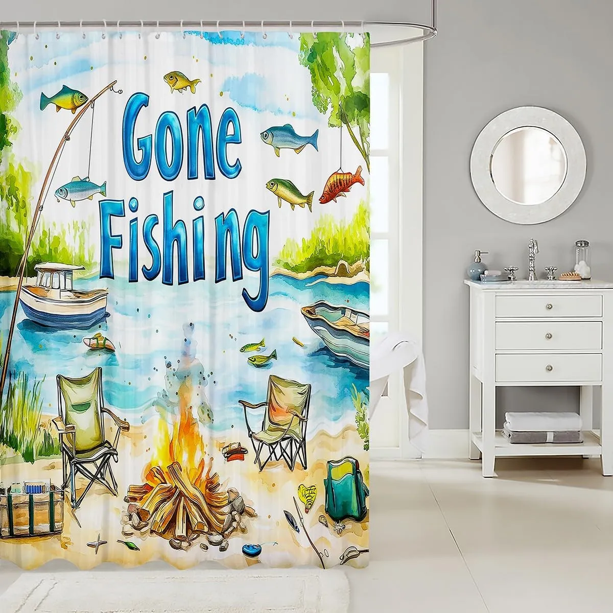 Castle Fairy Lakeside Fishing Shower Curtains Home Decor,Outdoor Camping Adventure Bath Curtain Waterproof Fabric,72Wx72L inch,Kids Boys Coastal Boat Bathroom Shower Curtain Set for Kids Adult