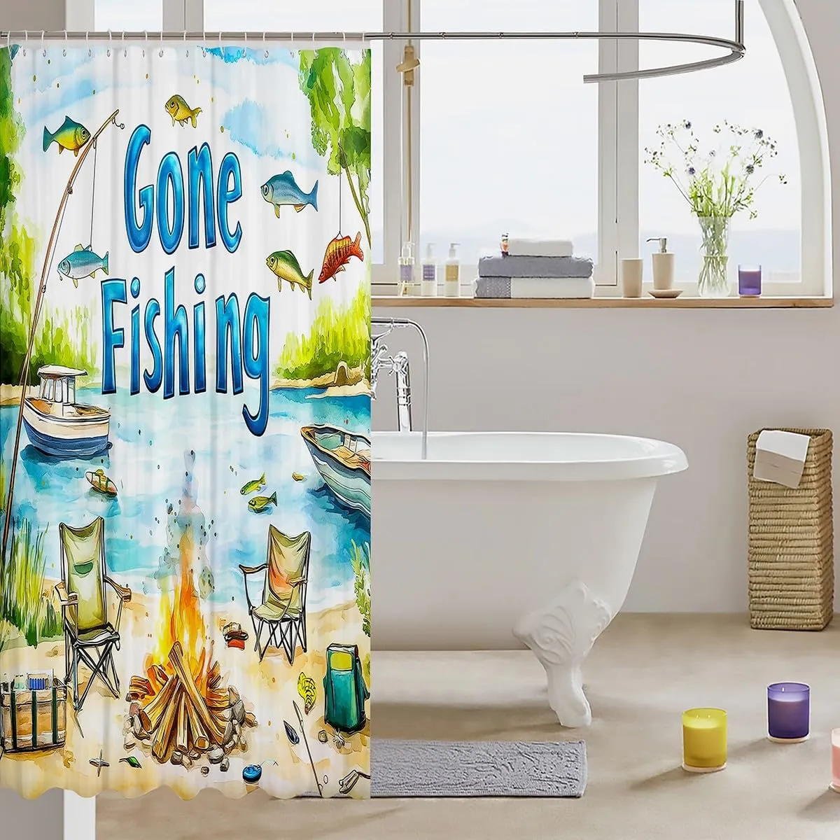 Castle Fairy Lakeside Fishing Shower Curtains Home Decor,Outdoor Camping Adventure Bath Curtain Waterproof Fabric,72Wx72L inch,Kids Boys Coastal Boat Bathroom Shower Curtain Set for Kids Adult