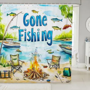Castle Fairy Lakeside Fishing Shower Curtains Home Decor,Outdoor Camping Adventure Bath Curtain Waterproof Fabric,72Wx72L inch,Kids Boys Coastal Boat Bathroom Shower Curtain Set for Kids Adult