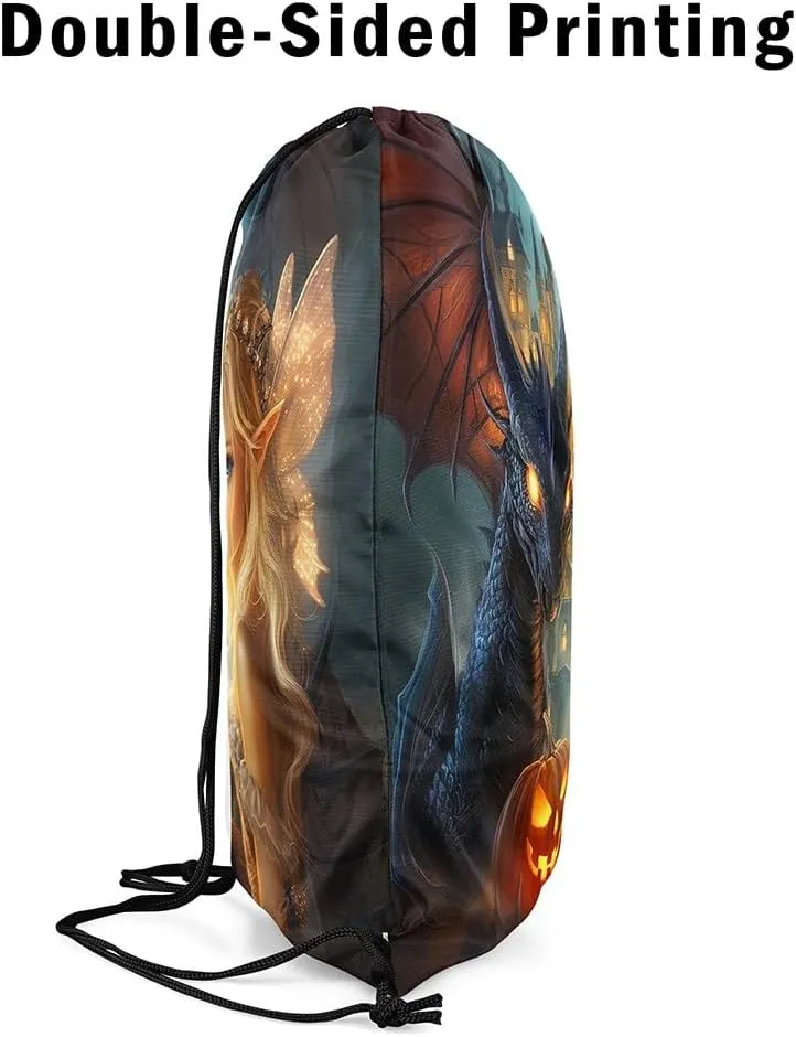 Castle Fairy Spirit Drawstring Bags,Western Dragon Magical Drawstring Backpack for Gym Lover,Happy Halloween Large Capacity Sackpack