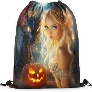 Castle Fairy Spirit Drawstring Bags,Western Dragon Magical Drawstring Backpack for Gym Lover,Happy Halloween Large Capacity Sackpack
