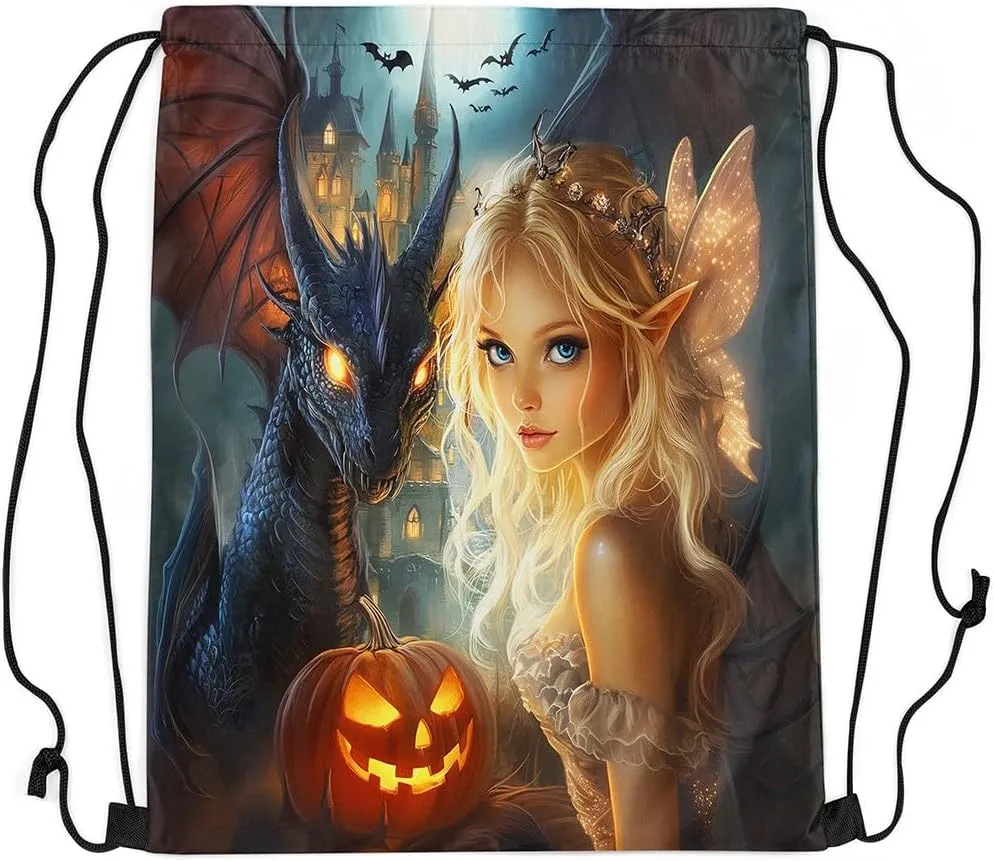 Castle Fairy Spirit Drawstring Bags,Western Dragon Magical Drawstring Backpack for Gym Lover,Happy Halloween Large Capacity Sackpack