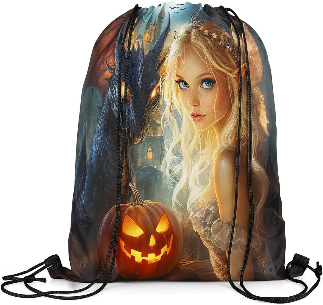 Castle Fairy Spirit Drawstring Bags,Western Dragon Magical Drawstring Backpack for Gym Lover,Happy Halloween Large Capacity Sackpack