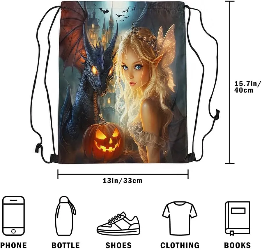 Castle Fairy Spirit Drawstring Bags,Western Dragon Magical Drawstring Backpack for Gym Lover,Happy Halloween Large Capacity Sackpack