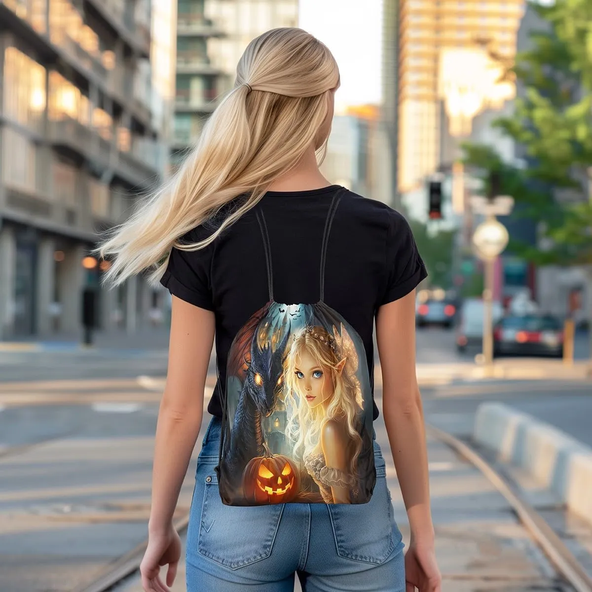 Castle Fairy Spirit Drawstring Bags,Western Dragon Magical Drawstring Backpack for Gym Lover,Happy Halloween Large Capacity Sackpack
