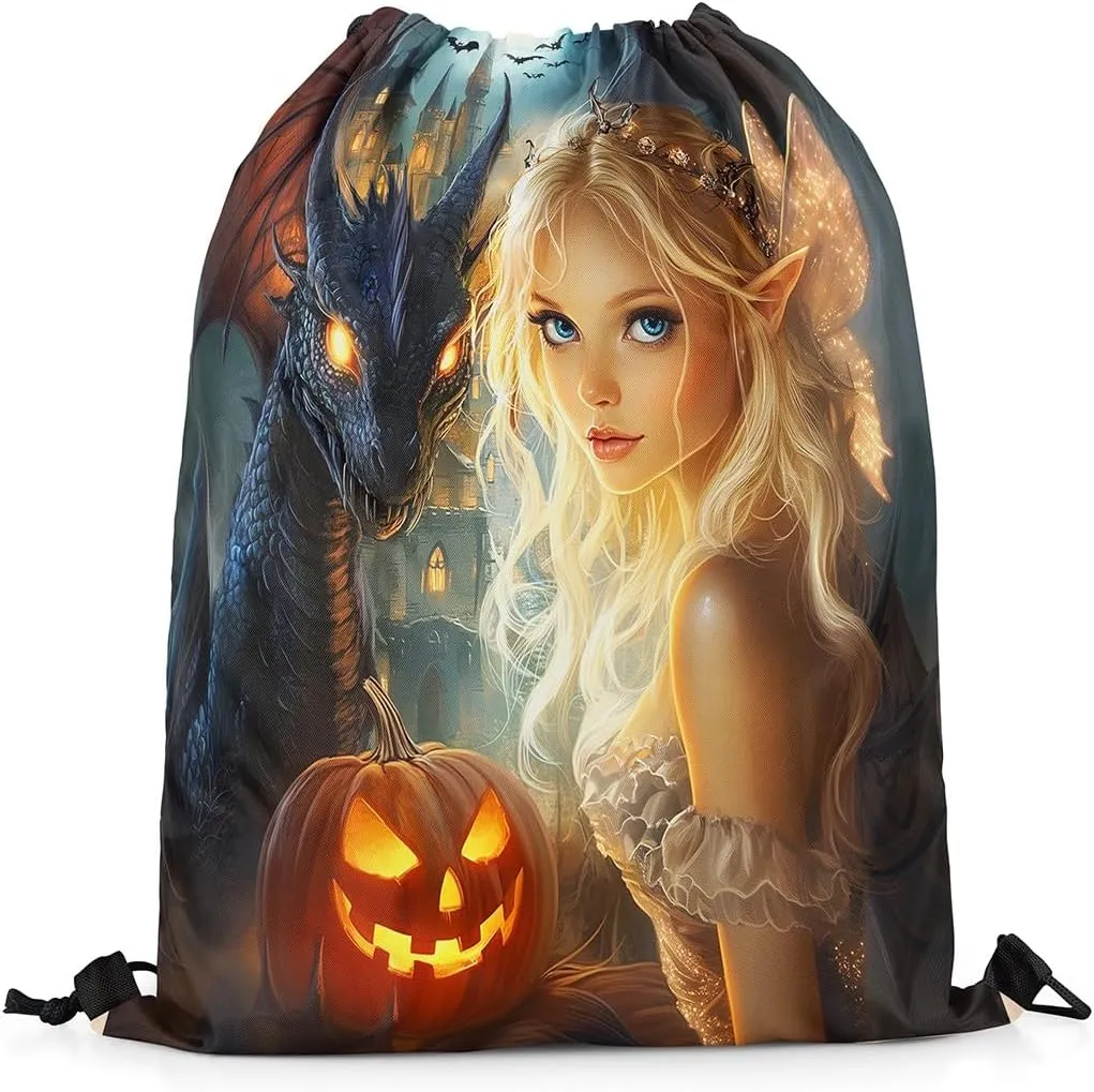 Castle Fairy Spirit Drawstring Bags,Western Dragon Magical Drawstring Backpack for Gym Lover,Happy Halloween Large Capacity Sackpack