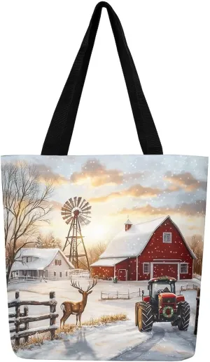 Castle Fairy Village Farm Canvas Tote Bag 19.7x5.1 Inch Animals Plants Shoulder Handbags for Shopping Gym