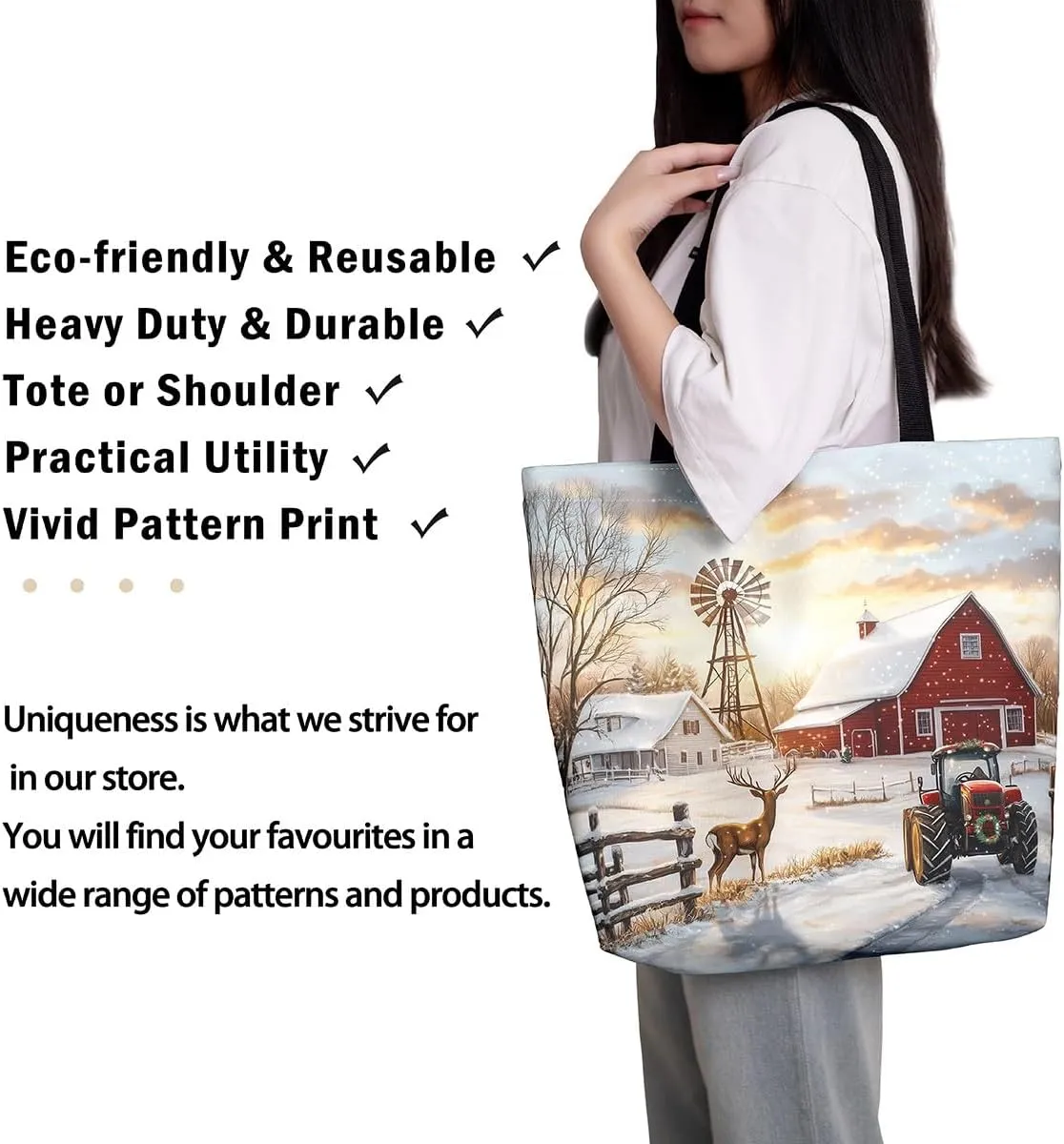 Castle Fairy Village Farm Canvas Tote Bag 19.7x5.1 Inch Animals Plants Shoulder Handbags for Shopping Gym