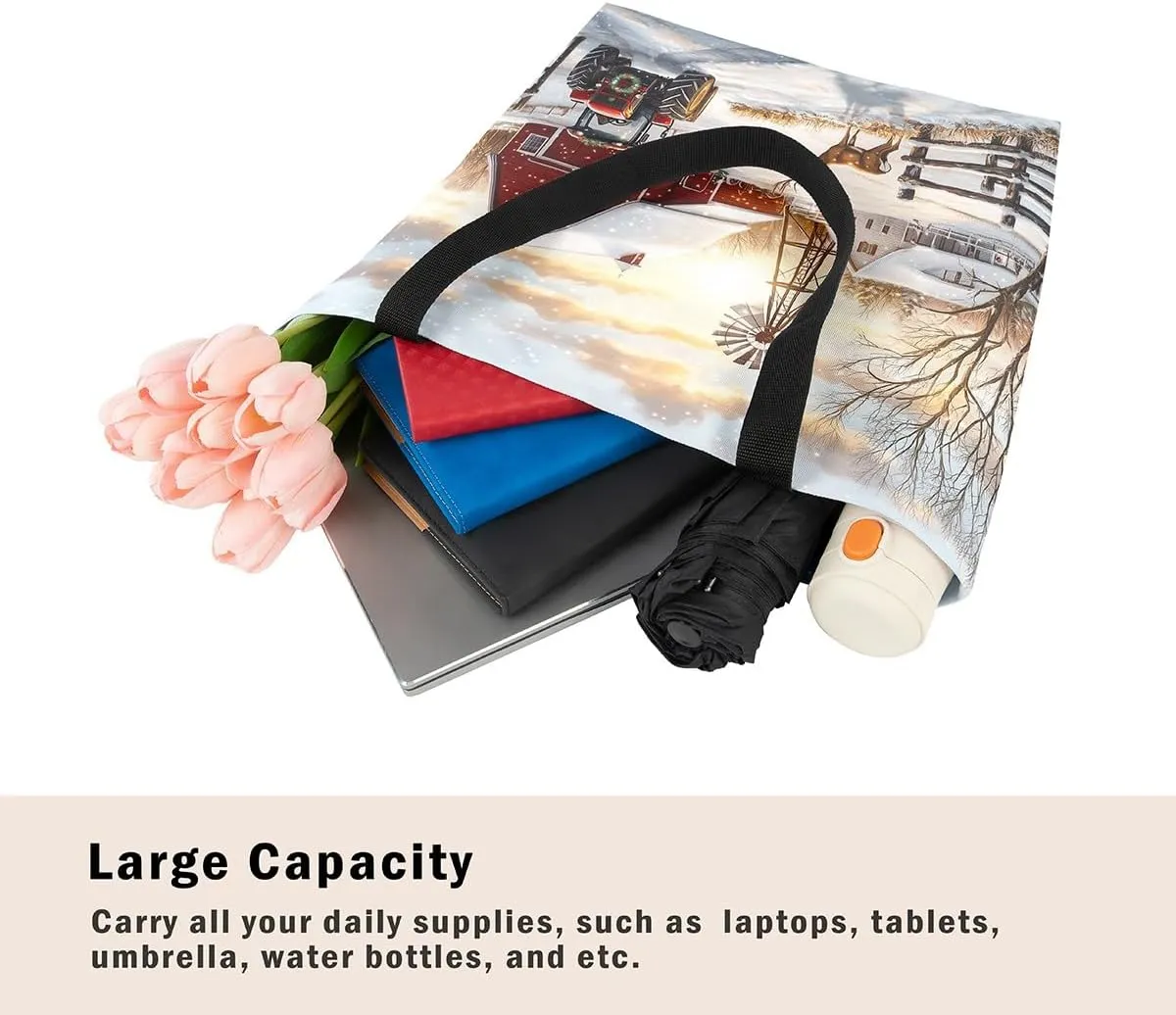 Castle Fairy Village Farm Canvas Tote Bag 19.7x5.1 Inch Animals Plants Shoulder Handbags for Shopping Gym