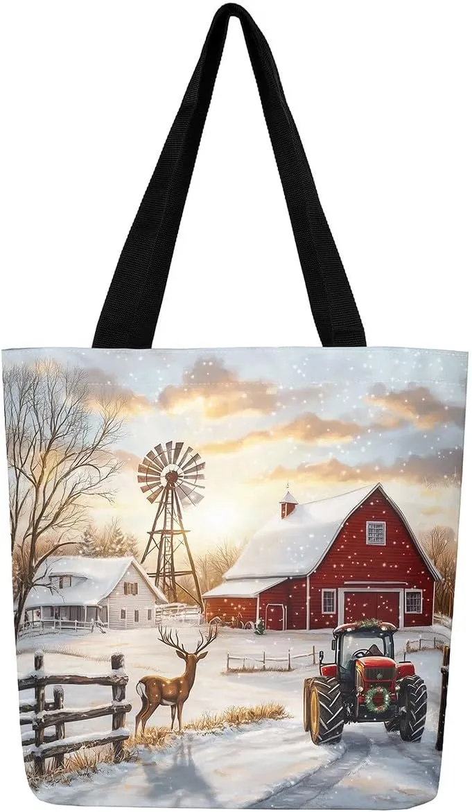 Castle Fairy Village Farm Canvas Tote Bag 19.7x5.1 Inch Animals Plants Shoulder Handbags for Shopping Gym