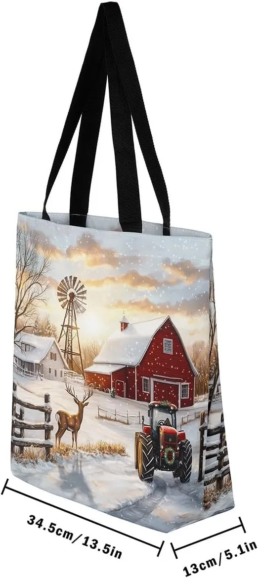 Castle Fairy Village Farm Canvas Tote Bag 19.7x5.1 Inch Animals Plants Shoulder Handbags for Shopping Gym