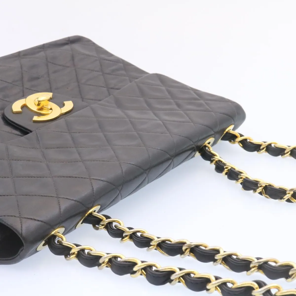 CHANEL Big Matelasse Flap Chain Shoulder Bag Lamb Skin Black Gold am1276gA