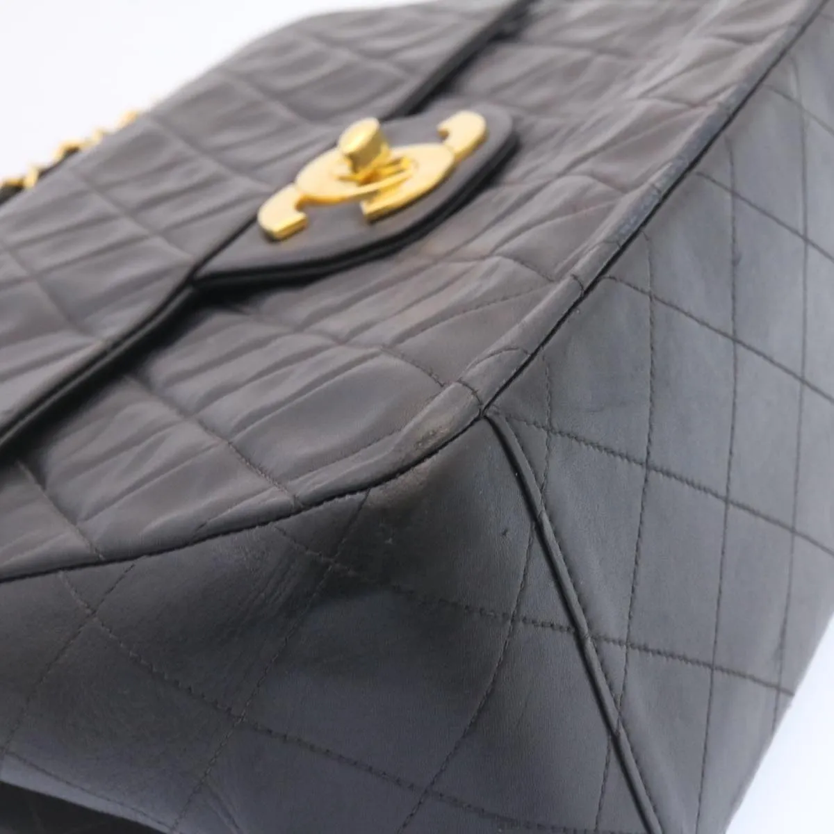 CHANEL Big Matelasse Flap Chain Shoulder Bag Lamb Skin Black Gold am1276gA