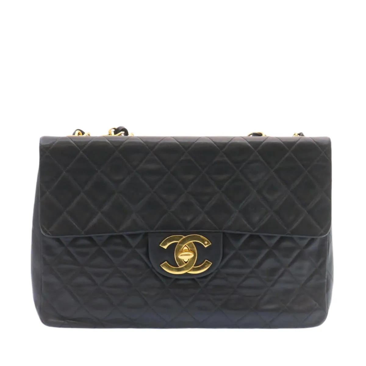 CHANEL Big Matelasse Flap Chain Shoulder Bag Lamb Skin Black Gold am1276gA