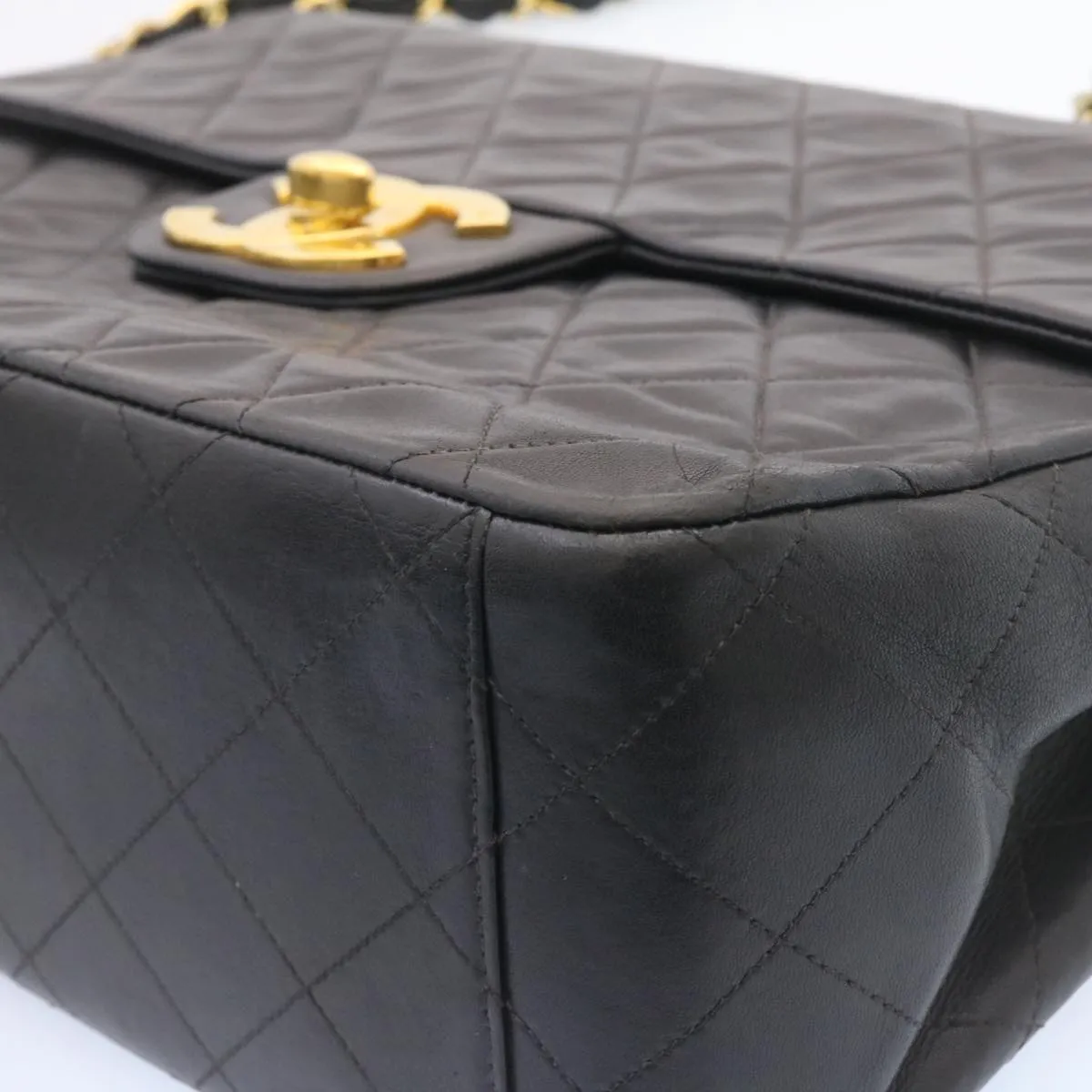 CHANEL Big Matelasse Flap Chain Shoulder Bag Lamb Skin Black Gold am1276gA