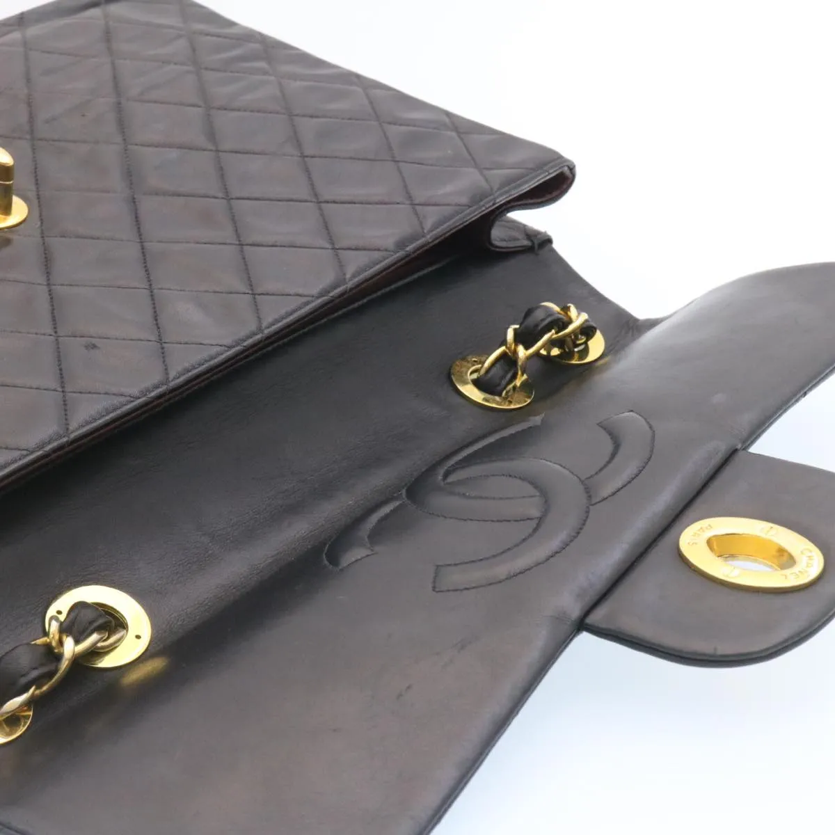 CHANEL Big Matelasse Flap Chain Shoulder Bag Lamb Skin Black Gold am1276gA