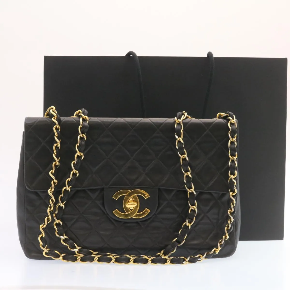 CHANEL Big Matelasse Flap Chain Shoulder Bag Lamb Skin Black Gold am1276gA