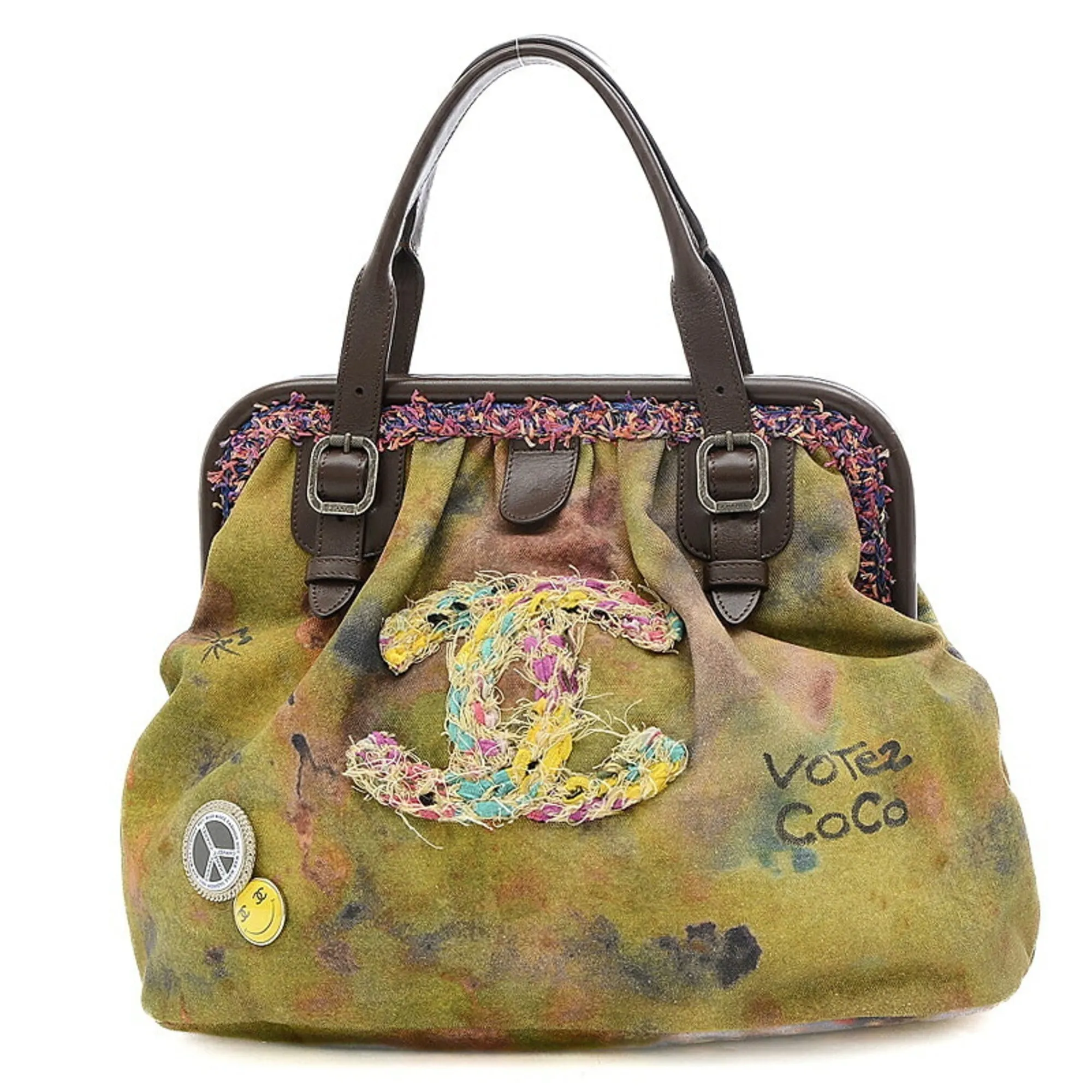 CHANEL Embroidery Graffiti Clasp Handbag Khaki A92791