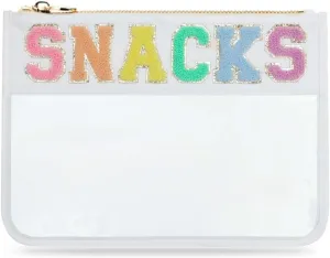Chenille Letter Snack Pouch - PVC and Nylon Clear Flat Pouch For Travel and Organization, Glitter Travel Bag With Zipper For Women and Children, Nude