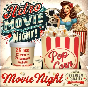 Cheshire Gifts Movie Night Supplies 36 Pcs - Popcorn Bags (24ct) & Movie Night Snack Trays (12ct) - Movie Theater Decor & Movie Theater Popcorn Bowls for Family Movie Night, Party Trays