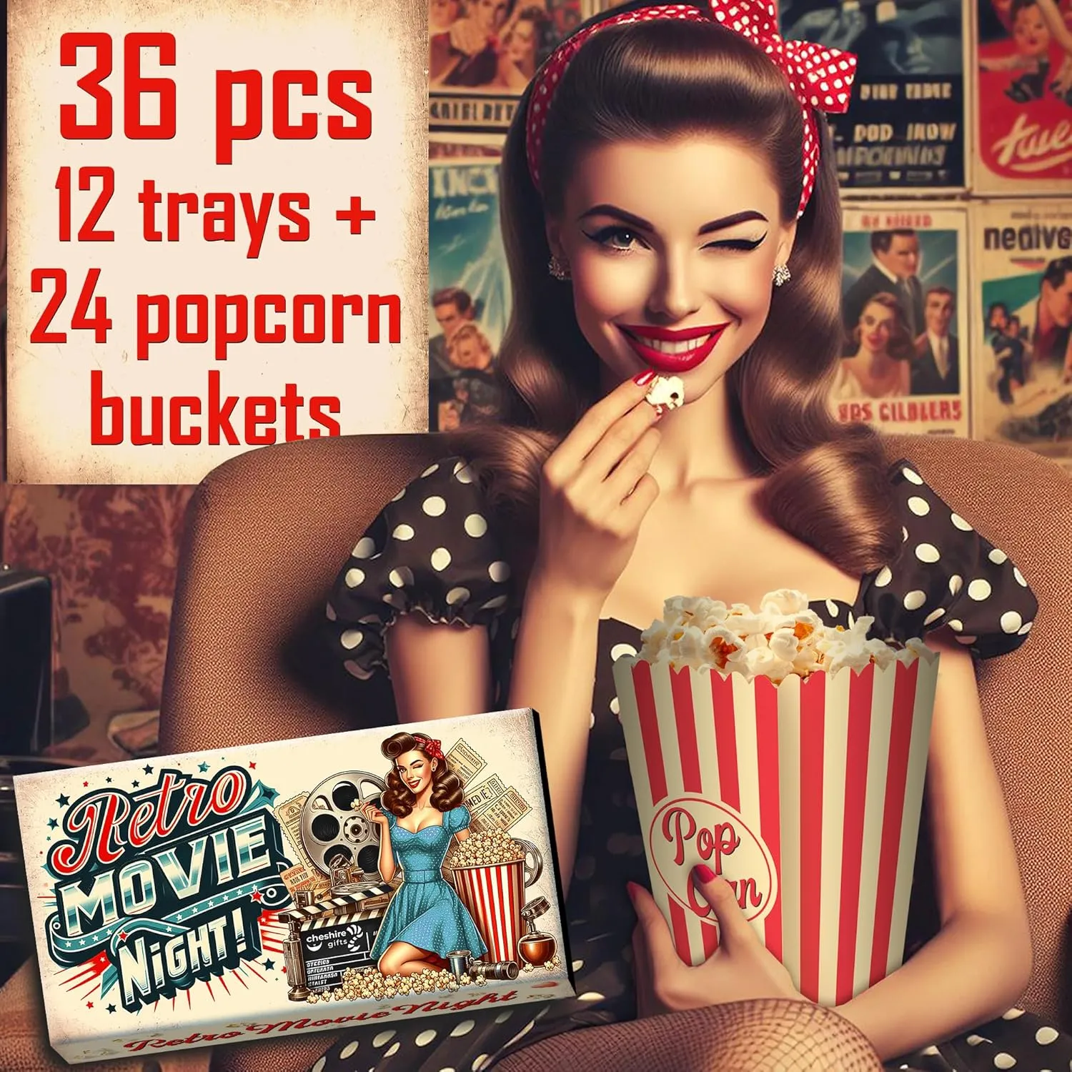 Cheshire Gifts Movie Night Supplies 36 Pcs - Popcorn Bags (24ct) & Movie Night Snack Trays (12ct) - Movie Theater Decor & Movie Theater Popcorn Bowls for Family Movie Night, Party Trays