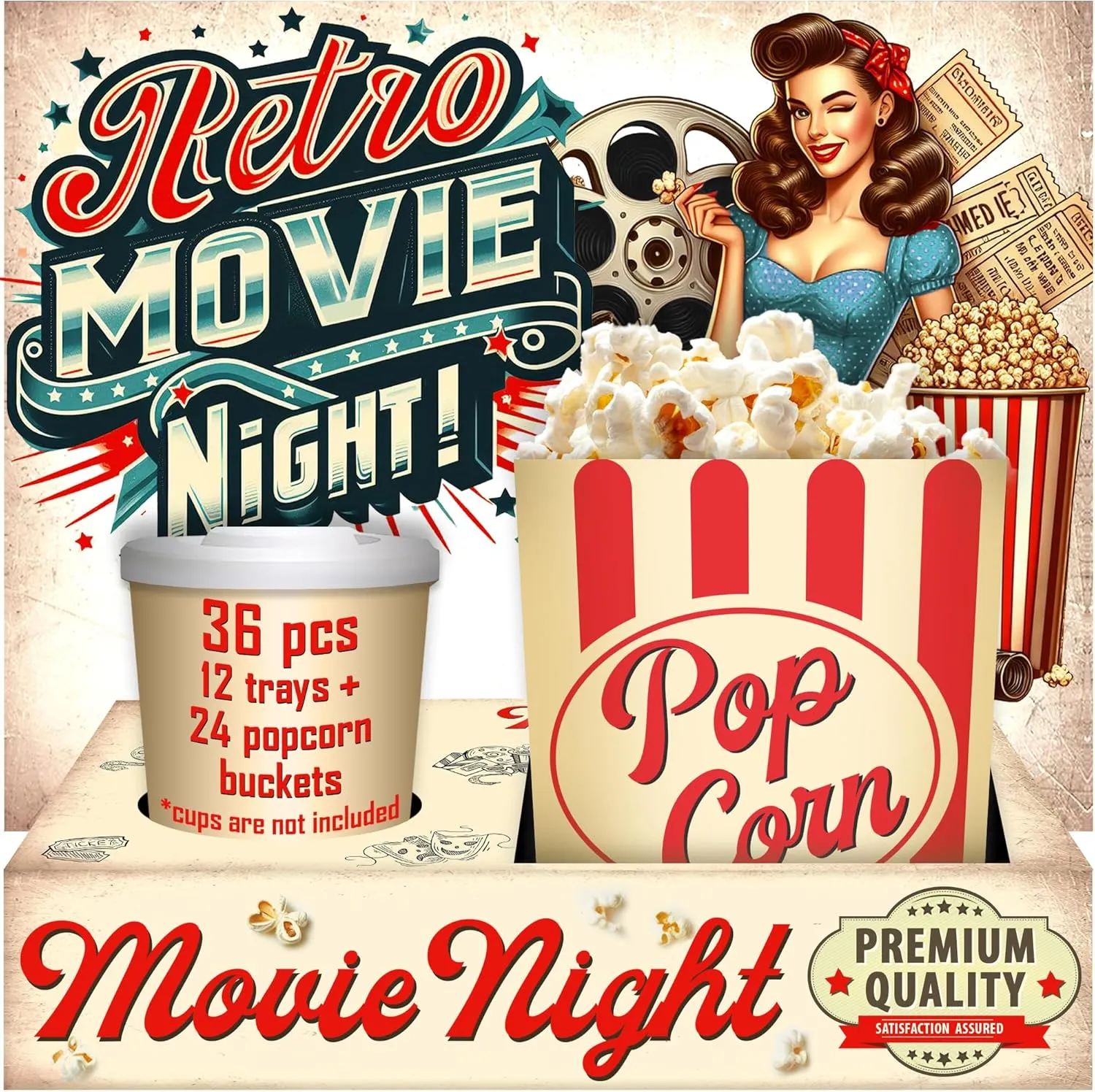 Cheshire Gifts Movie Night Supplies 36 Pcs - Popcorn Bags (24ct) & Movie Night Snack Trays (12ct) - Movie Theater Decor & Movie Theater Popcorn Bowls for Family Movie Night, Party Trays
