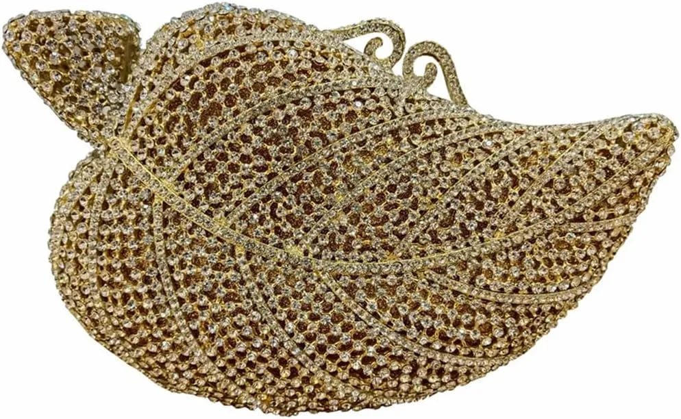 Chic Women Leaf Shape Clutch Bag Crystal Evening Bag Diamond Purse Rhinestone Handbag for Wedding Party Prom