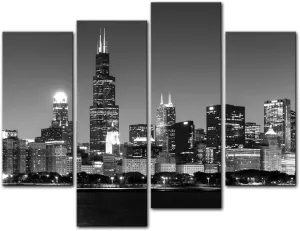 Chicago Wall Art Chicago Skyline at Night in Black and White Picture Cityscape Print On Canvas Giclee Artwork for Wall Decor