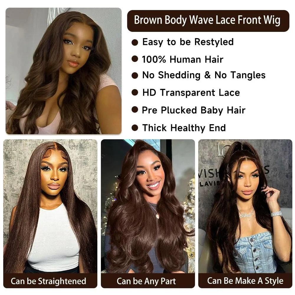 Chocolate Brown 28 Inch Lace Front Wig Human Hair 13x4 200 Density Brown HD Lace Front Wigs Human Hair Chocolate Brown Wig