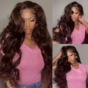 Chocolate Brown Lace Front Wig Human Hair 13x4 Body Wave Lace Front Wigs Human Hair Pre Plucked 200 Density 4# Colored Wigs Human Hair 22 Inch