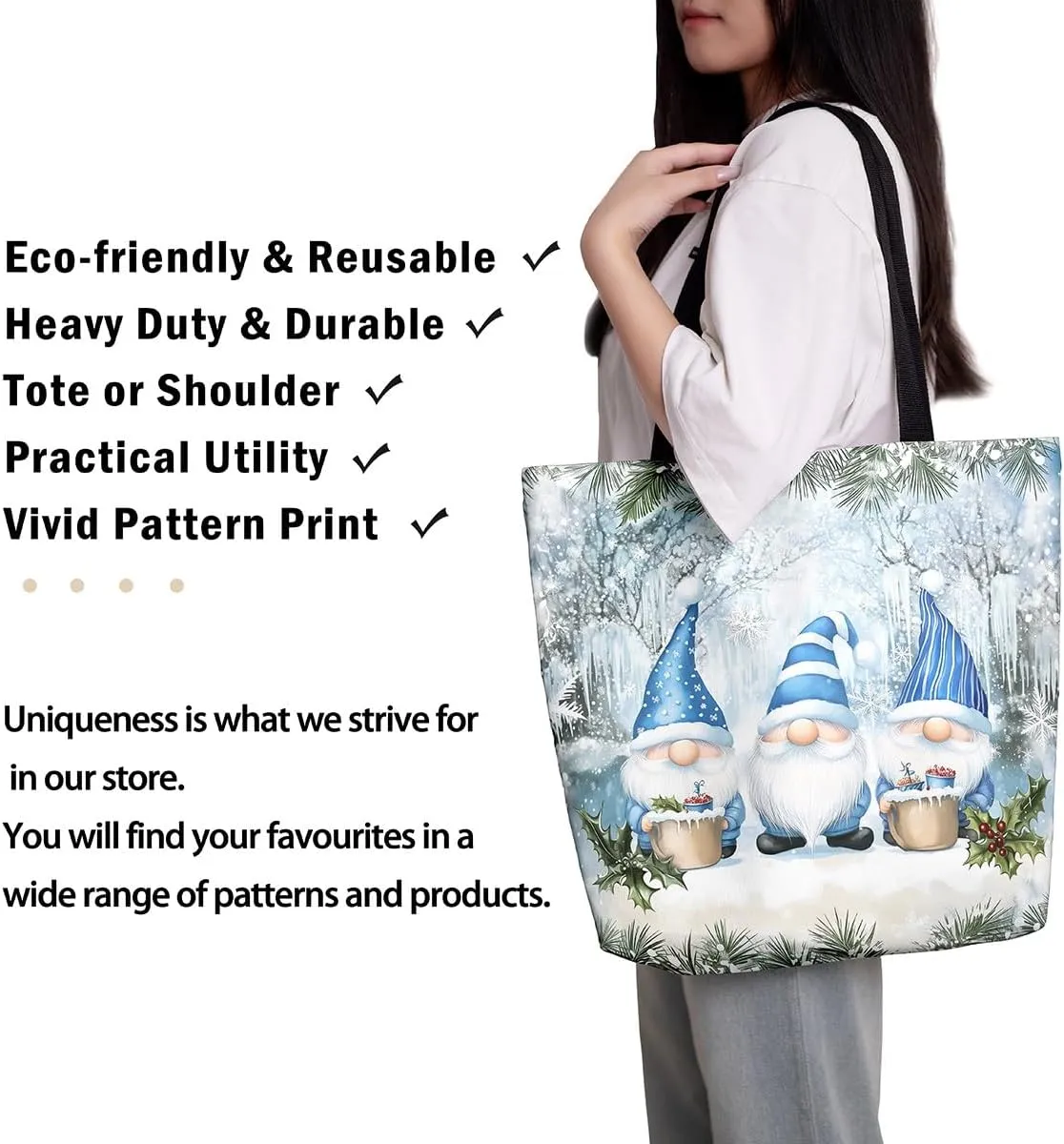 Christmas Santa Claus Canvas Tote Bag,Cartoon Gnome Shopping Grocery Bags for Teens Adults