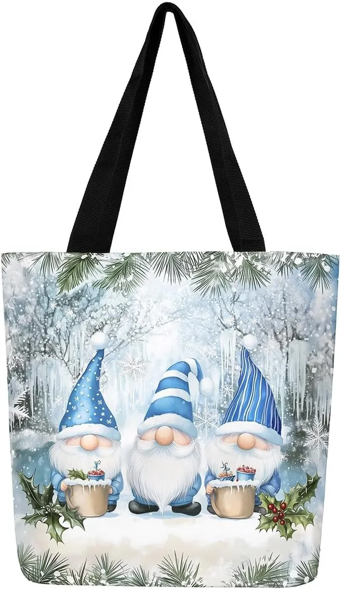 Christmas Santa Claus Canvas Tote Bag,Cartoon Gnome Shopping Grocery Bags for Teens Adults